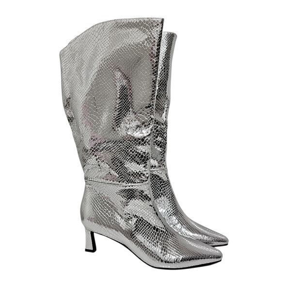 NEW Steve Madden Newlyn Knee High Boots Womens 8 WIDE Calf Silver Pointed Toe - Picture 13 of 13